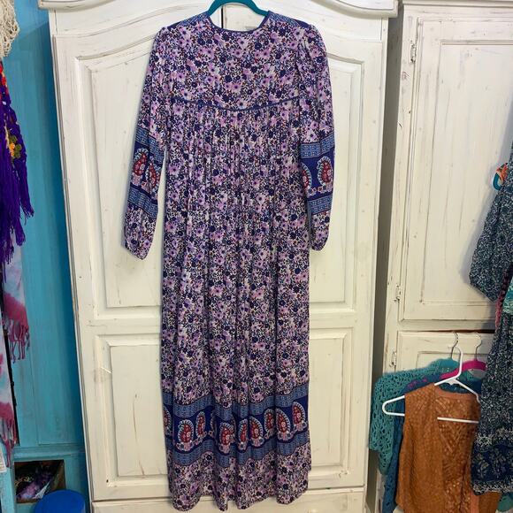 70’s HIPPIE BLOCK PRINT INDIAN COTTON MAXIDRESS - Picture 7 of 11